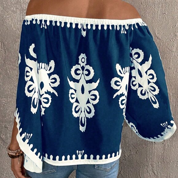 Navy Blue Boho Women's Off-Shoulder Printed Shirt - Picture 2 of 5